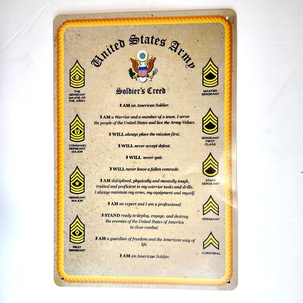 US Army Soldiers Creed Tin Sign 12×8 Military Emblem Vintage Metal Wall Decor